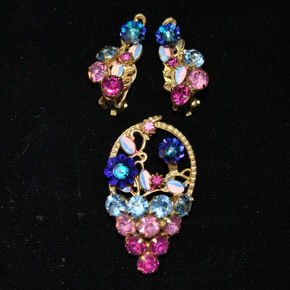 Vintage Rhinestone Flower Basket Brooch & Clip-on Earring Set with Enamel Accent